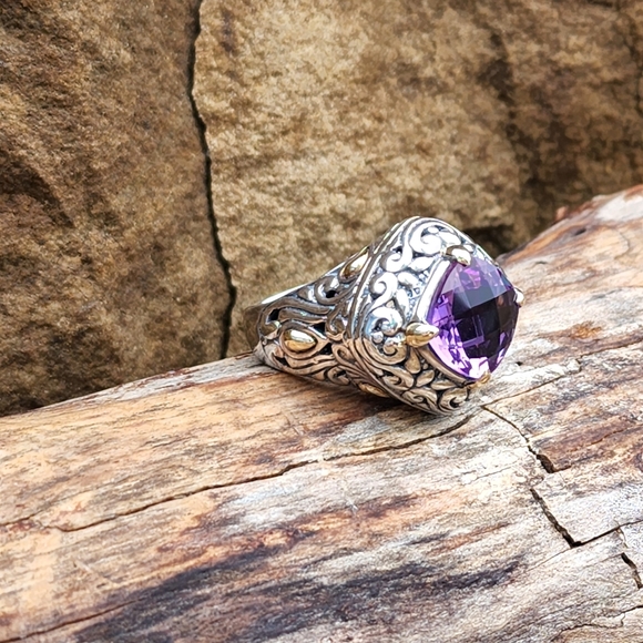 Samuel Benham 925 Sterling Silver 18k Gold Amethyst Designer Size 6.75 Ring BJC - Picture 12 of 12